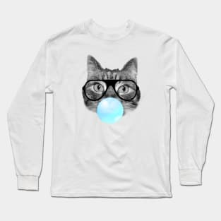 Funny cat blowing a blue bubble gum Long Sleeve T-Shirt